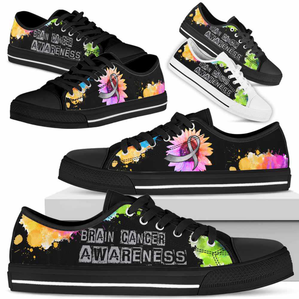 LTS-U-Awareness-WatercolorSunflowerRibbon-Brain_Cancer-8@ Watercolor Sunflower Ribbon Brain Cancer 8-Brain Cancer Brain Tum Awareness Ribbon Low Top Shoes Watercolor Sunflower. Fighter Survivor Gift.