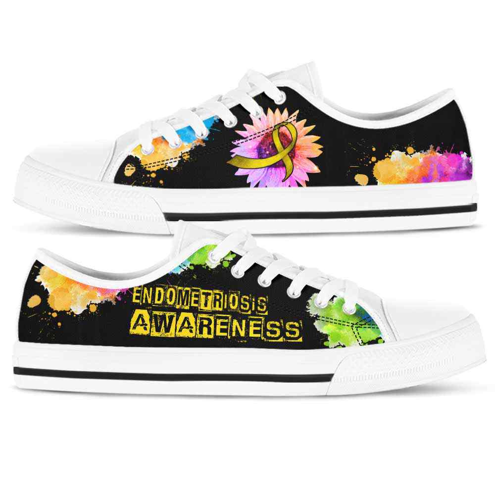 LTS-U-Awareness-WatercolorSunflowerRibbon-Endometriosis-21@ Watercolor Sunflower Ribbon Endometriosis 21-Endometriosis Awareness Ribbon Low Top Shoes Watercolor Sunflower. Fighter Survivor Gift.