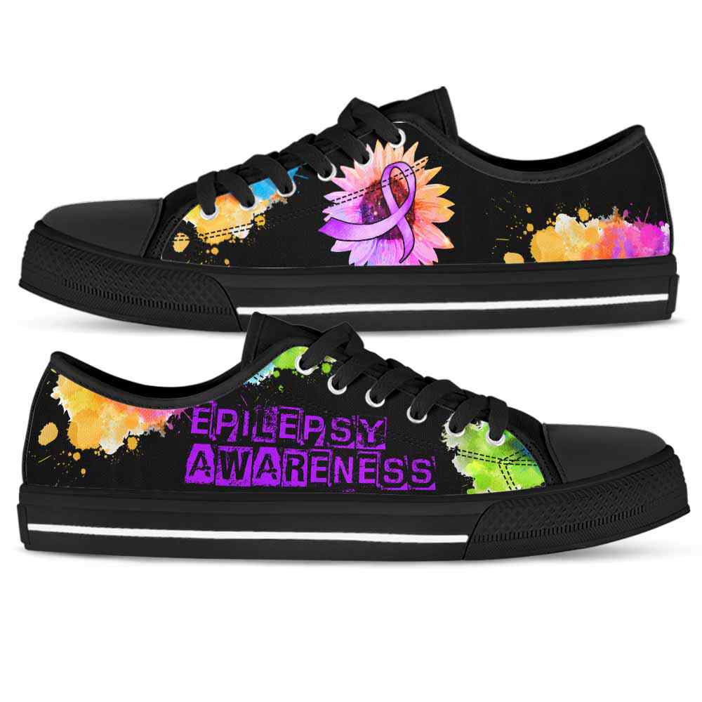LTS-U-Awareness-WatercolorSunflowerRibbon-Epilepsy-22@ Watercolor Sunflower Ribbon Epilepsy 22-Epilepsy Awareness Ribbon Low Top Shoes Watercolor Sunflower. Fighter Survivor Gift.