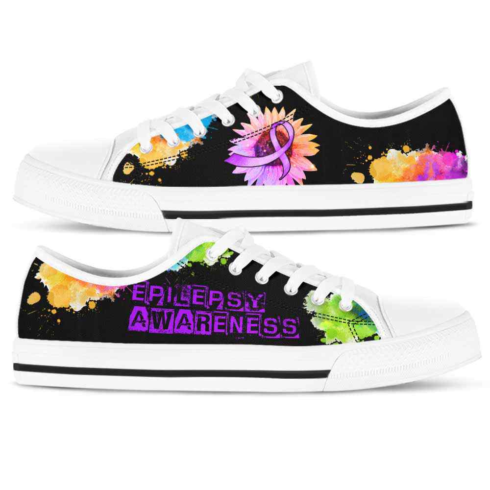 LTS-U-Awareness-WatercolorSunflowerRibbon-Epilepsy-22@ Watercolor Sunflower Ribbon Epilepsy 22-Epilepsy Awareness Ribbon Low Top Shoes Watercolor Sunflower. Fighter Survivor Gift.