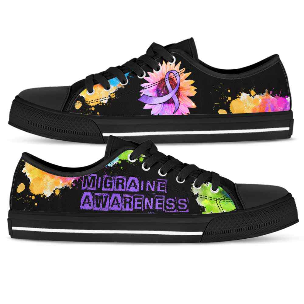 LTS-U-Awareness-WatercolorSunflowerRibbon-Migraine-29@ Watercolor Sunflower Ribbon Migraine 29-Migraine Awareness Ribbon Low Top Shoes Watercolor Sunflower. Fighter Survivor Gift.