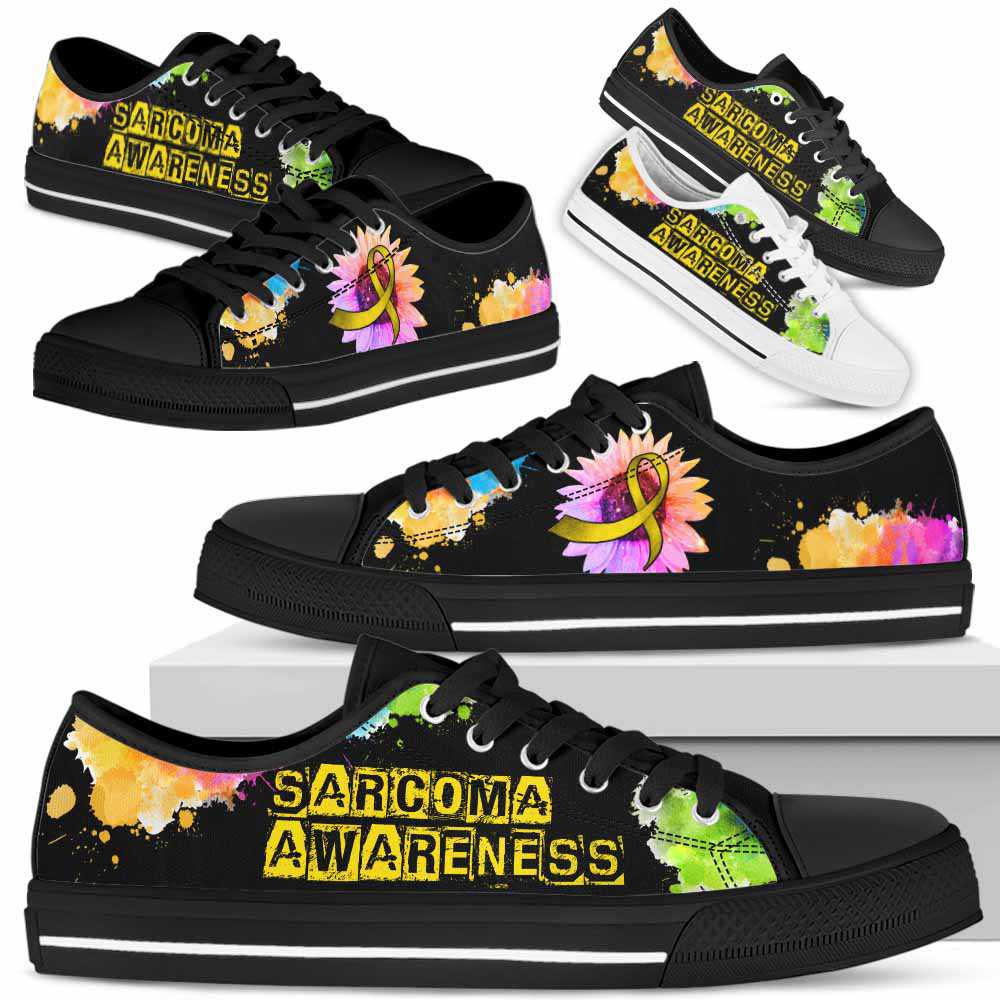 LTS-U-Awareness-WatercolorSunflowerRibbon-Sarcoma-38@ Watercolor Sunflower Ribbon Sarcoma 38-Sarcoma Awareness Ribbon Low Top Shoes Watercolor Sunflower. Fighter Survivor Gift.