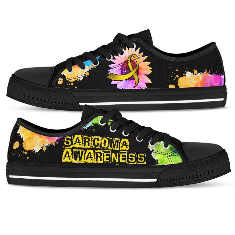 LTS-U-Awareness-WatercolorSunflowerRibbon-Sarcoma-38@ Watercolor Sunflower Ribbon Sarcoma 38-Sarcoma Awareness Ribbon Low Top Shoes Watercolor Sunflower. Fighter Survivor Gift.