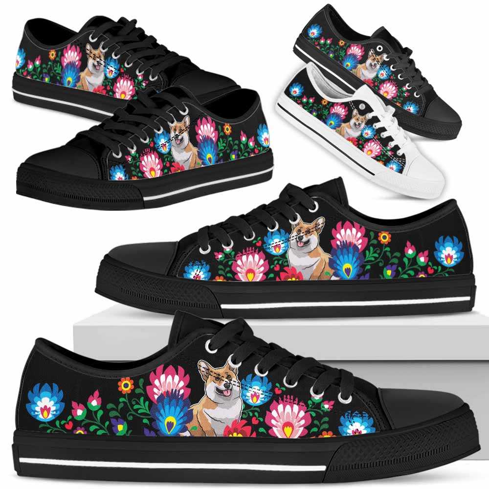 LTS-W-Dog-Embroidery9-Corgi-18@undefined-Corgi Dog Lovers Tennis Shoes Gym Flower Colorful Low Top Shoes Gift Men Women. Dog Mom Dog Dad Custom Shoes.