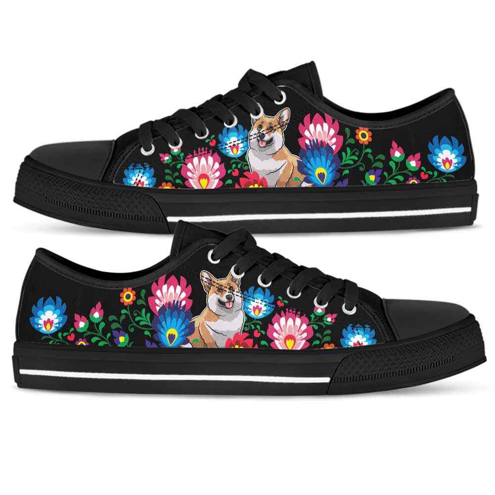 LTS-W-Dog-Embroidery9-Corgi-18@undefined-Corgi Dog Lovers Tennis Shoes Gym Flower Colorful Low Top Shoes Gift Men Women. Dog Mom Dog Dad Custom Shoes.