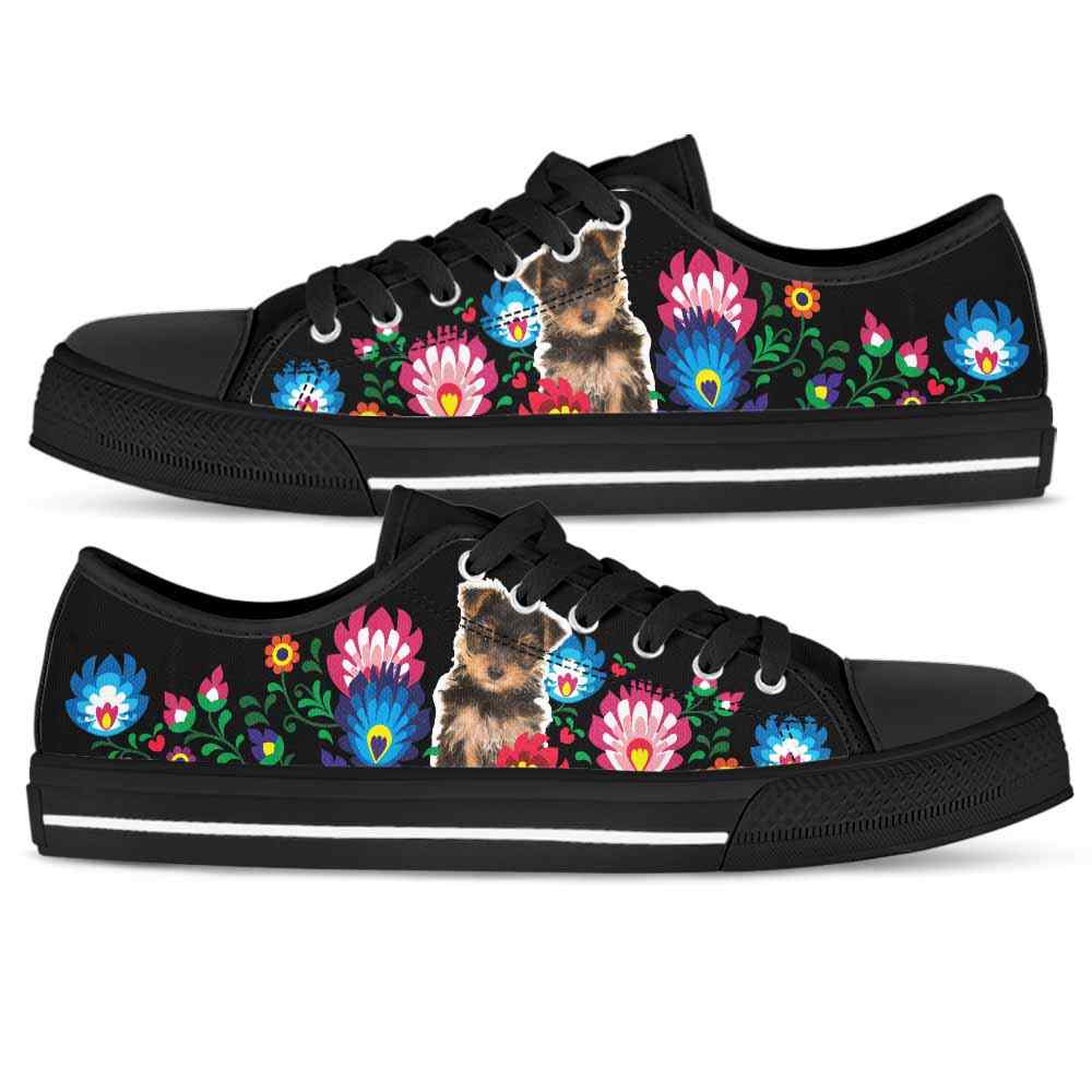 LTS-W-Dog-Embroidery9-Yorkie-68@undefined-Yorkie Dog Lovers Tennis Shoes Gym Flower Colorful Low Top Shoes Gift Men Women. Dog Mom Dog Dad Custom Shoes. Yorkshire Terrier