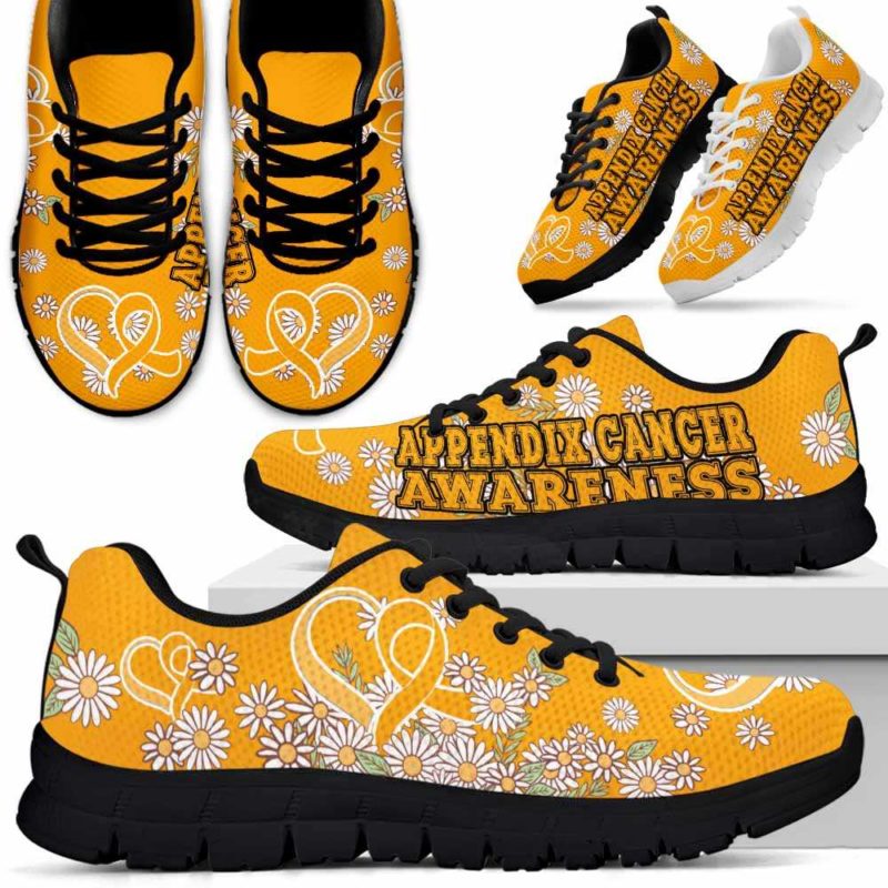 SS-U-Awareness-DaisyRibbonColorfulBG-AppCan-4@undefined-Appendix Cancer Awareness Ribbon Daisy Flower Purple Sneakers Gym Running Shoes. Faith Hope Love Fighter Survivor Gift.