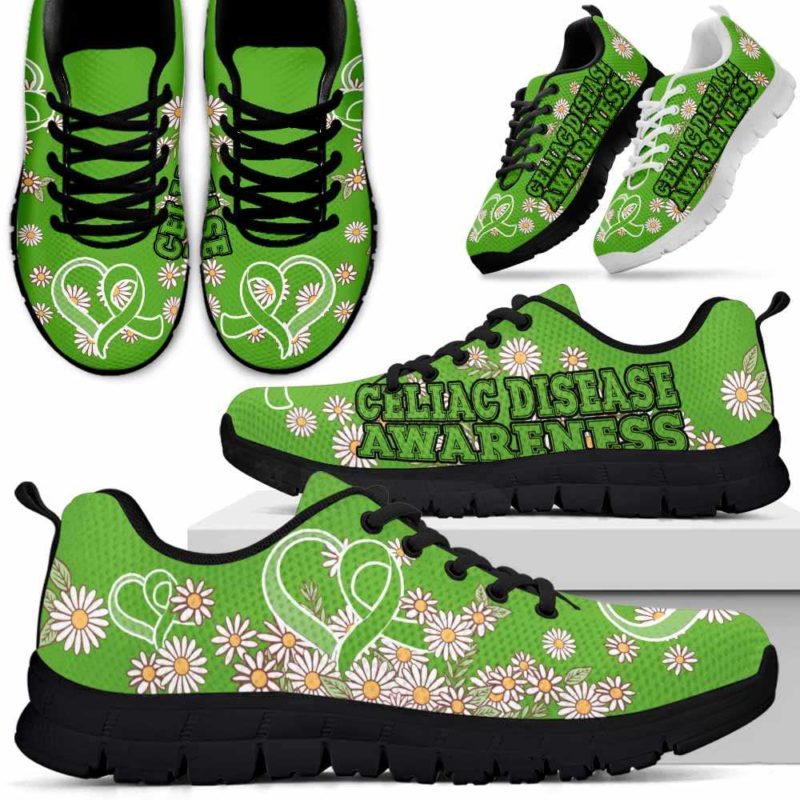 SS-U-Awareness-DaisyRibbonColorfulBG-CelDis-10@undefined-Celiac Disease Awareness Ribbon Daisy Flower Purple Sneakers Gym Running Shoes. Faith Hope Love Fighter Survivor Gift.