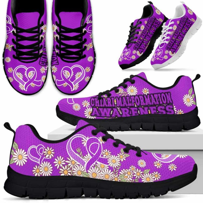 SS-U-Awareness-DaisyRibbonColorfulBG-ChiaMal-13@undefined-Chiari Malformation Awareness Ribbon Daisy Flower Purple Sneakers Gym Running Shoes. Faith Hope Love Fighter Survivor Gift.