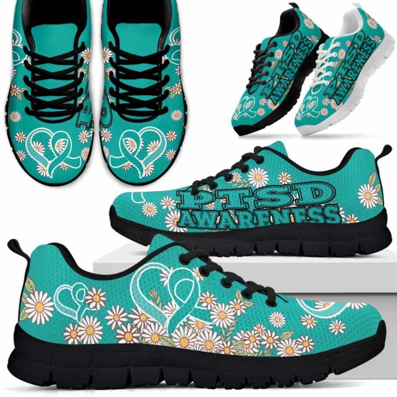 SS-U-Awareness-DaisyRibbonColorfulBG-PTSD-34@undefined-Ptsd Post Traumatic Stress Disorder Awareness Ribbon Daisy Flower Sneakers Gym Running Shoes. Fighter Survivor Gift.