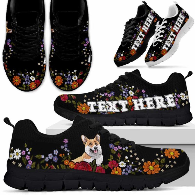 SS-W-Dog-Embroidery10-Corgi-18@undefined-Corgi Colorful Flower Floral Dog Lovers Sneakers Gym Running Shoes Gift Women Men. Dog Mom Dog Dad Custom Shoes.