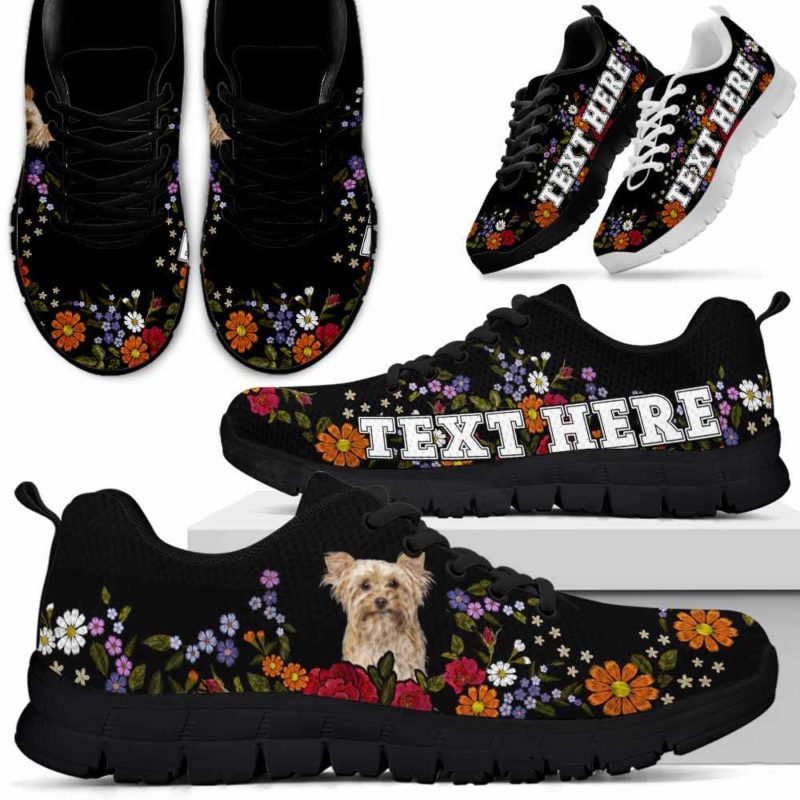 SS-W-Dog-Embroidery10-Yorkie-65@undefined-Yorkie Colorful Flower Floral Dog Lovers Sneakers Gym Running Shoes Gift Women Men. Dog Mom Dog Dad Custom Shoes. Yorkshire Terrier