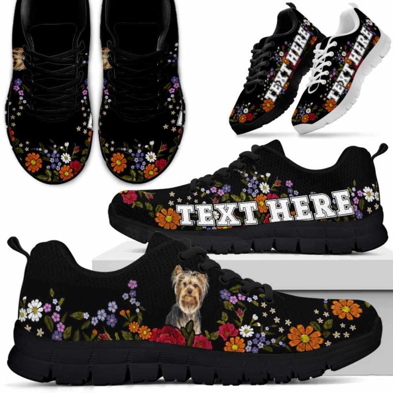 SS-W-Dog-Embroidery10-Yorkie-67@undefined-Yorkie Colorful Flower Floral Dog Lovers Sneakers Gym Running Shoes Gift Women Men. Dog Mom Dog Dad Custom Shoes. Yorkshire Terrier