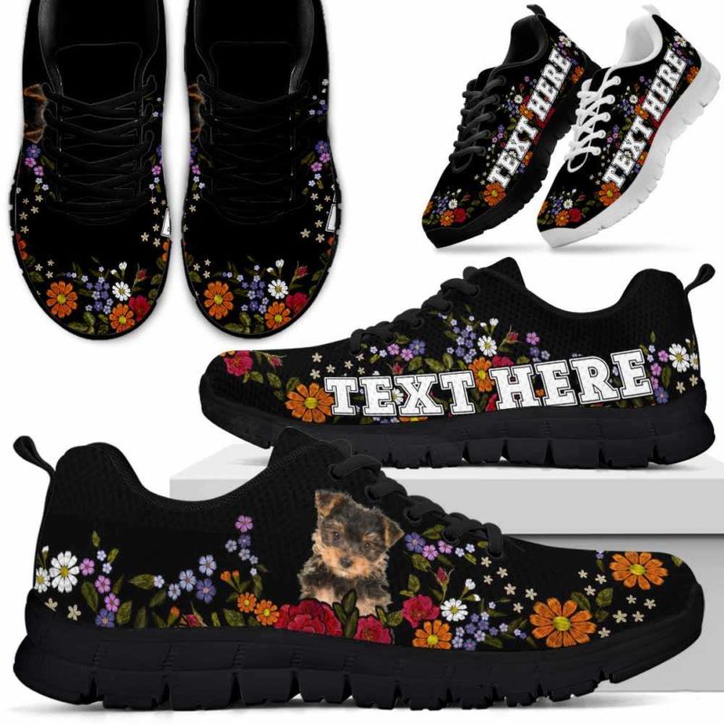 SS-W-Dog-Embroidery10-Yorkie-68@undefined-Yorkie Colorful Flower Floral Dog Lovers Sneakers Gym Running Shoes Gift Women Men. Dog Mom Dog Dad Custom Shoes. Yorkshire Terrier