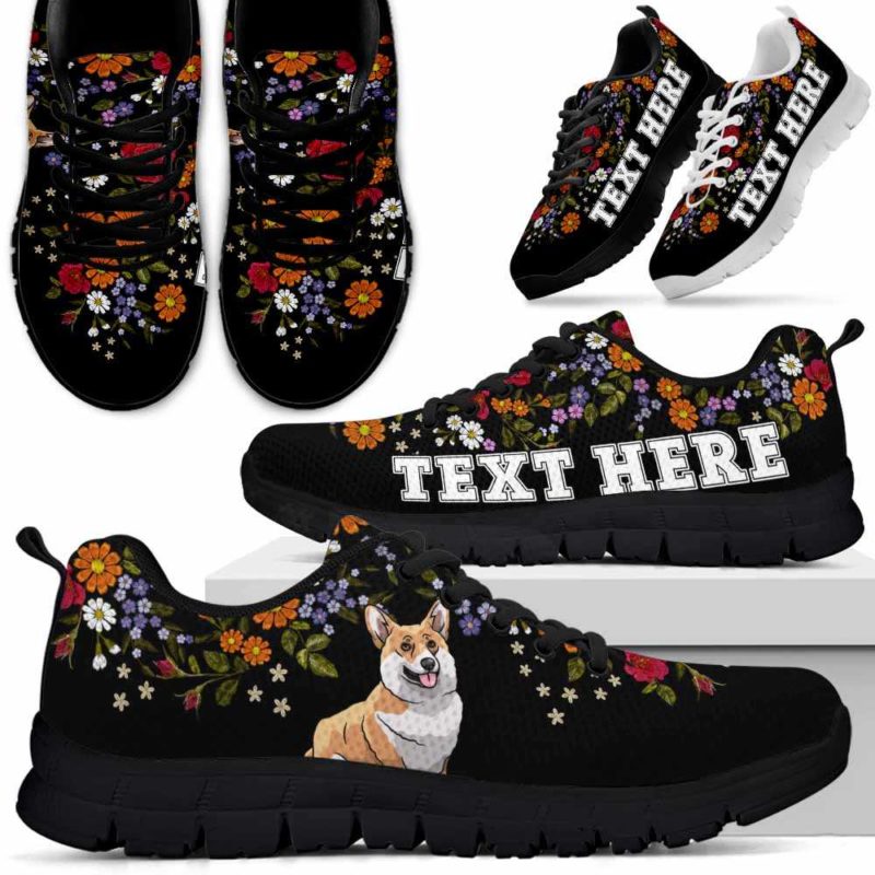 SS-W-Dog-Embroidery11-Corgi-18@undefined-Corgi Flower Floral Colorful Dog Lovers Sneakers Gym Running Shoes Gift Women Men. Dog Mom Dog Dad Custom Shoes.