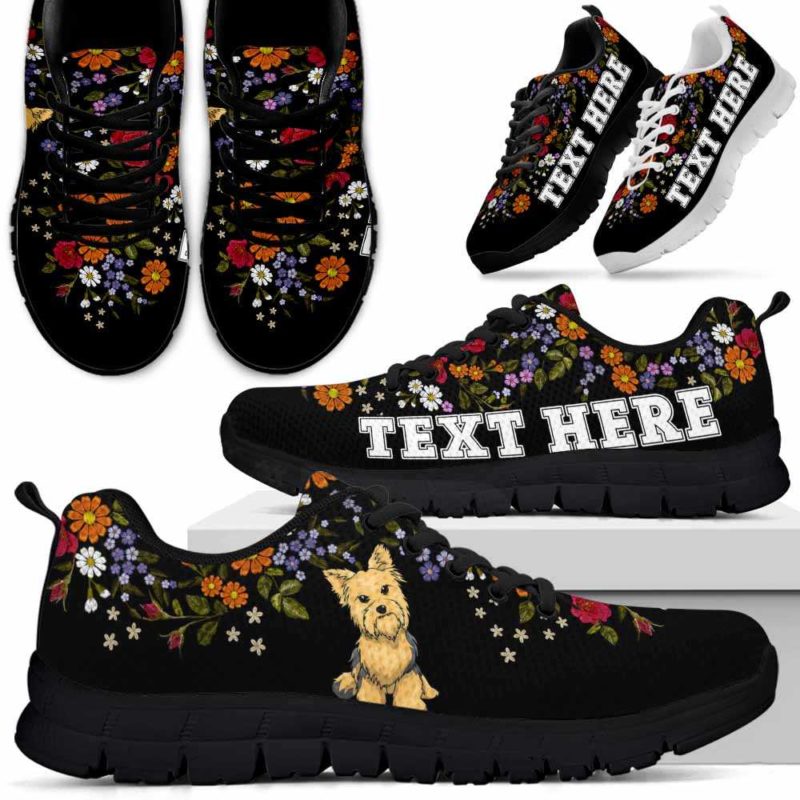 SS-W-Dog-Embroidery11-Yorkie-63@undefined-Yorkie Flower Floral Colorful Dog Lovers Sneakers Gym Running Shoes Gift Women Men. Dog Mom Dog Dad Custom Shoes. Yorkshire Terrier