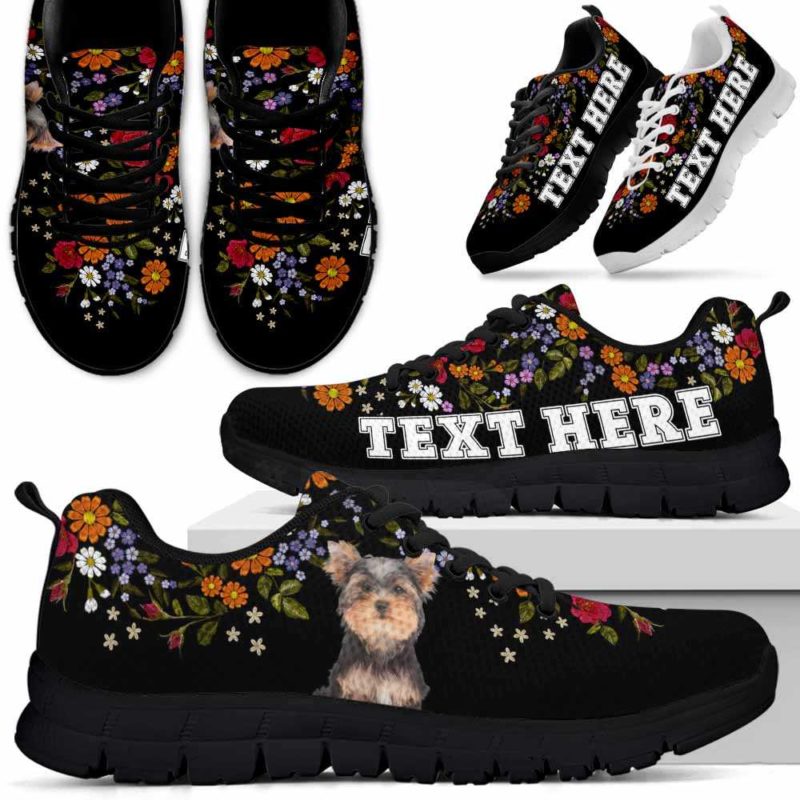 SS-W-Dog-Embroidery11-Yorkie-66@undefined-Yorkie Flower Floral Colorful Dog Lovers Sneakers Gym Running Shoes Gift Women Men. Dog Mom Dog Dad Custom Shoes. Yorkshire Terrier