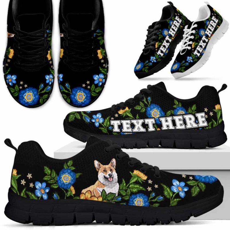 SS-W-Dog-Embroidery9-Corgi-18@undefined-Corgi Colorful Floral Flower Dog Lovers Sneakers Gym Running Shoes Gift Women Men. Dog Mom Dog Dad Custom Shoes.