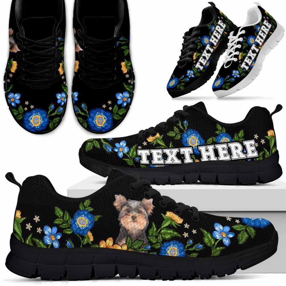 SS-W-Dog-Embroidery9-Yorkie-66@undefined-Yorkie Colorful Floral Flower Dog Lovers Sneakers Gym Running Shoes Gift Women Men. Dog Mom Dog Dad Custom Shoes. Yorkshire Terrier