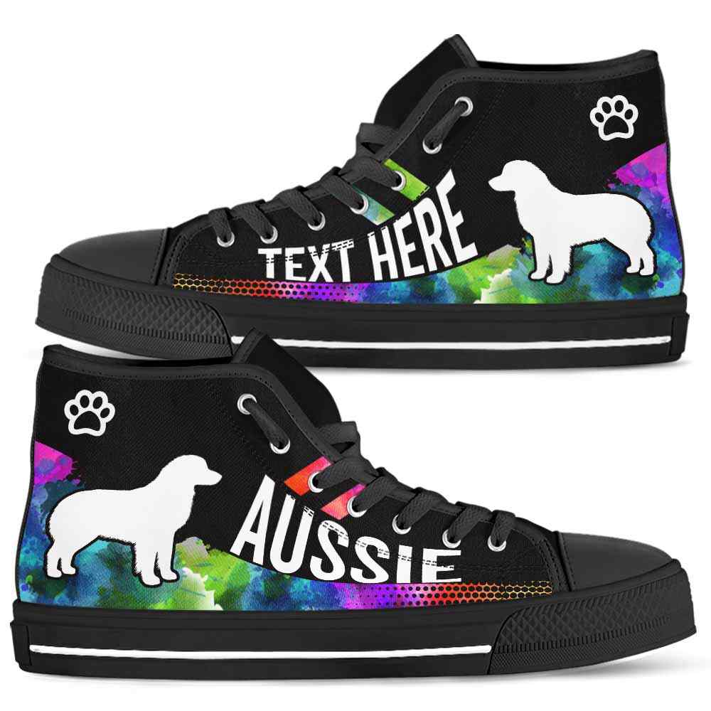 HTS-U-Dog-Watercolor01NaSportline9-Aussie-0@undefined-Aussie Dog Lovers Watercolor Canvas Shoes High Top Shoes Gift Men Women. Dog Mom Dog Dad Custom Shoes. Australian Shepherd