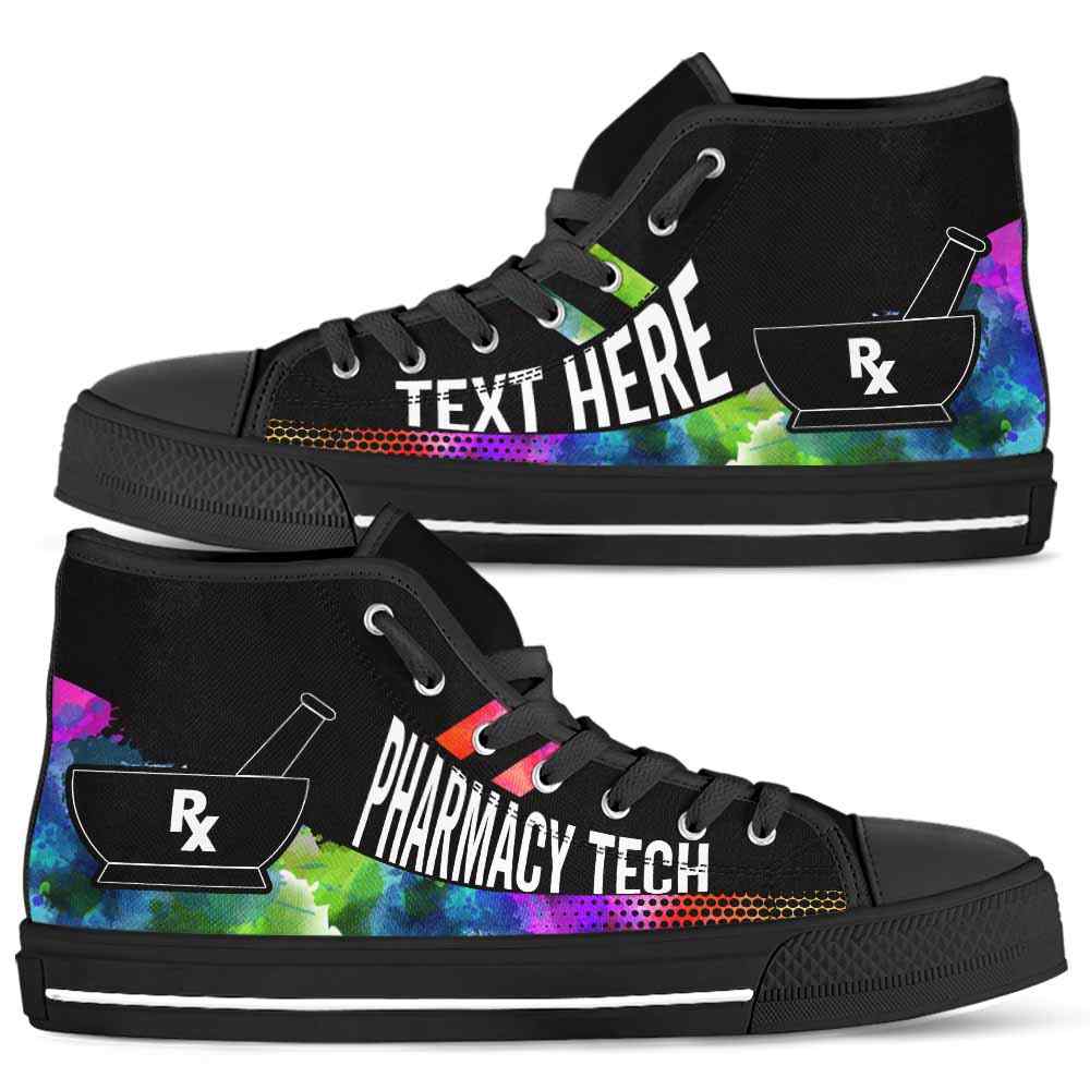 HTS-U-Nurse-Watercolor01NaSportline9-PhmaTec-18@undefined-Pharmacy Tech Pharmacy Technician Watercolor Colorful Canvas Shoes High Top Shoes Gift Women Men. Custom Shoes.