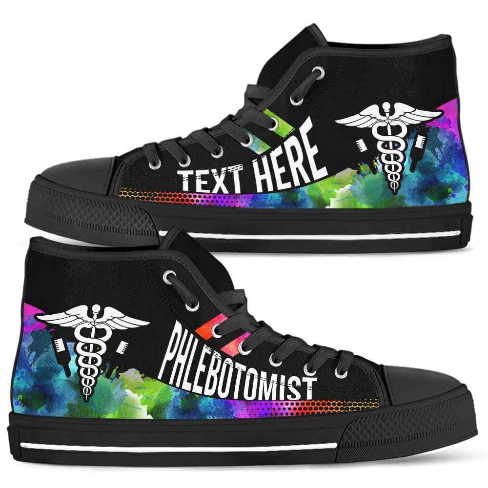 HTS-U-Nurse-Watercolor01NaSportline9-Plboto-19@undefined-Phlebotomist Watercolor Colorful Canvas Shoes High Top Shoes Gift Women Men. Custom Shoes.