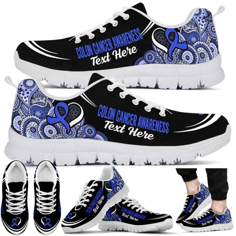 SS-U-Awareness-Mandala02NaSportline10-ColCan-14@undefined-Colon Cancer Colorectal Cancer Awareness Ribbon Mandala Sneakers Gym Running Shoes. Survivor Fighter Custom Gift.