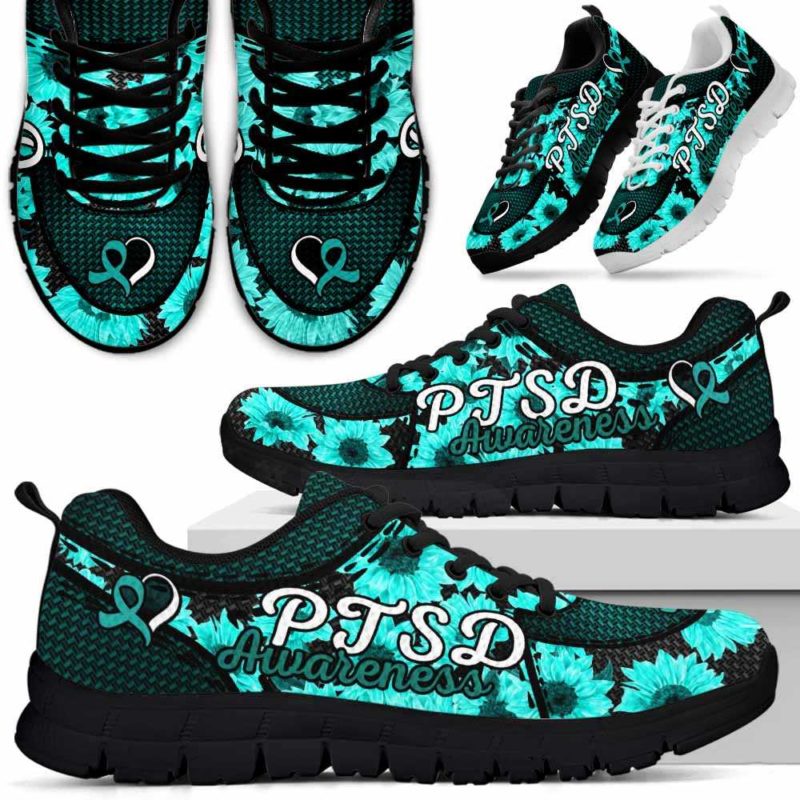 SS-U-Awareness-SunflowerNa012-PTSD-34@undefined-Ptsd Post Traumatic Stress Disorder Awareness Ribbon Sunflower Sneakers Gym Running Shoes. Faith Hope Love Custom Gift.