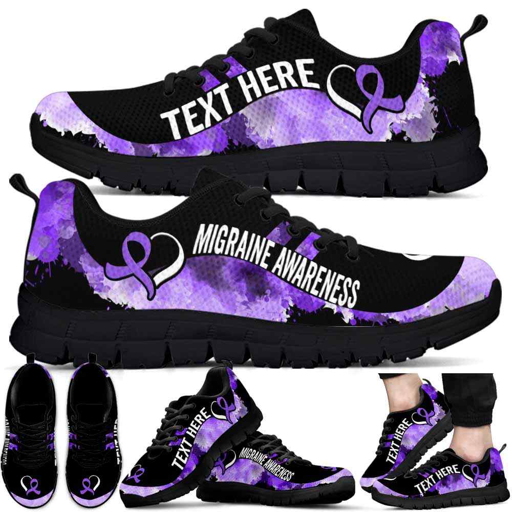 SS-U-Awareness-Watercolor01NaSportline9-Migrai-28@undefined-Migraine Awareness Ribbon Watercolor Sneakers Gym Running Shoes. Survivor Fighter Custom Gift.