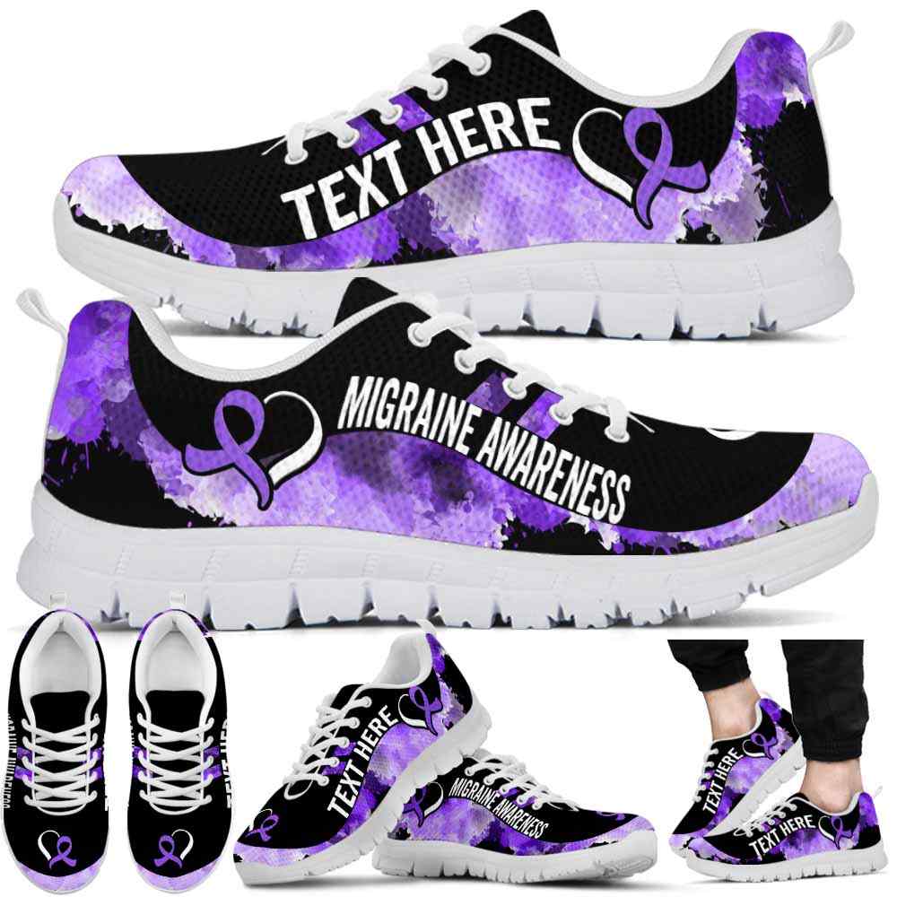 SS-U-Awareness-Watercolor01NaSportline9-Migrai-28@undefined-Migraine Awareness Ribbon Watercolor Sneakers Gym Running Shoes. Survivor Fighter Custom Gift.
