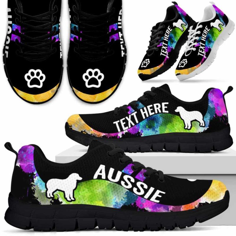 SS-U-Dog-Watercolor01NaSportline9-Aussie-0@undefined-Aussie Dog Lovers Watercolor Sneakers Gym Running Shoes Gift Women Men. Dog Mom Dog Dad Custom Shoes. Australian Shepherd