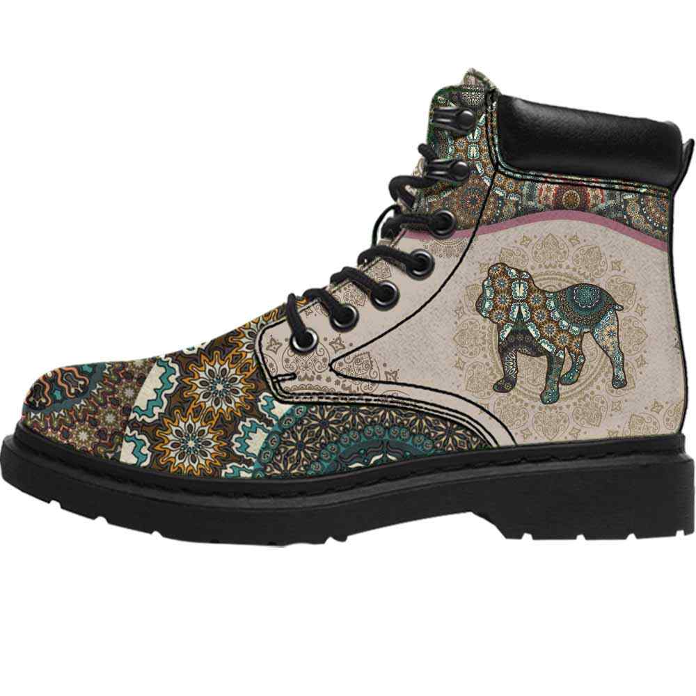 ASB-U-Dog-GreeYellMdl1003-Bulldog-6 @ Green Yellow Mandala Bulldog-Bulldog Dog Lovers All Season Boots Vegan Leather Boots, Gift For Women And Men. Mandala Dog Mom Dog Dad Custom Hiking Boots.