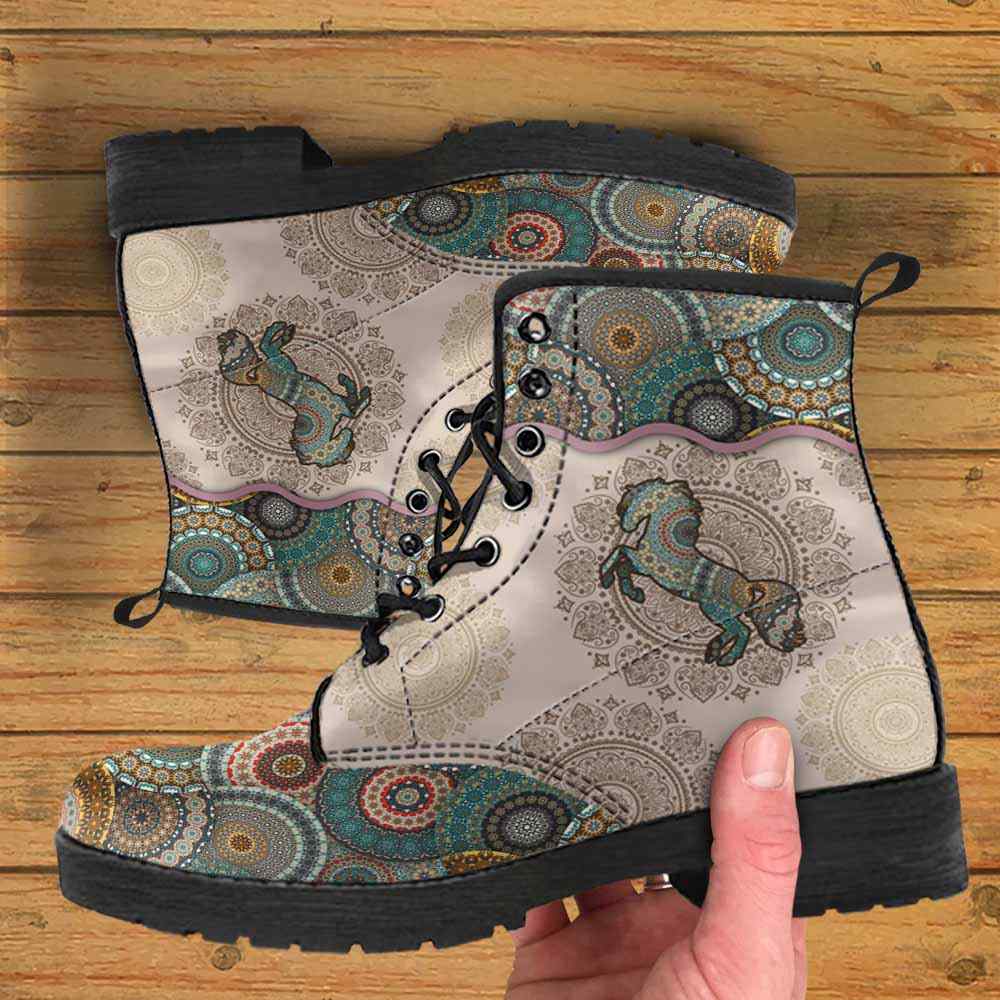 LBS-U-Ani-GreeYellMdl1003-Hrse-28 @ Green Yellow Mandala Horse-Horse Vegan Leather Boots For Women And Men. Mandala Colorful Custom Personalized Gift.
