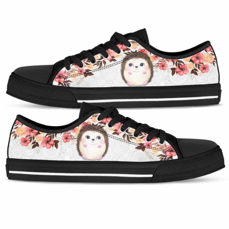 LTS-U-Ani-FlFl-Hedg-0 @ Hedgehog Floral Flower-Hedgehog Tennis Gym Shoes Low Top Shoes Sneakers For Women And Men. Flower Floral Custom Personalized Gift.