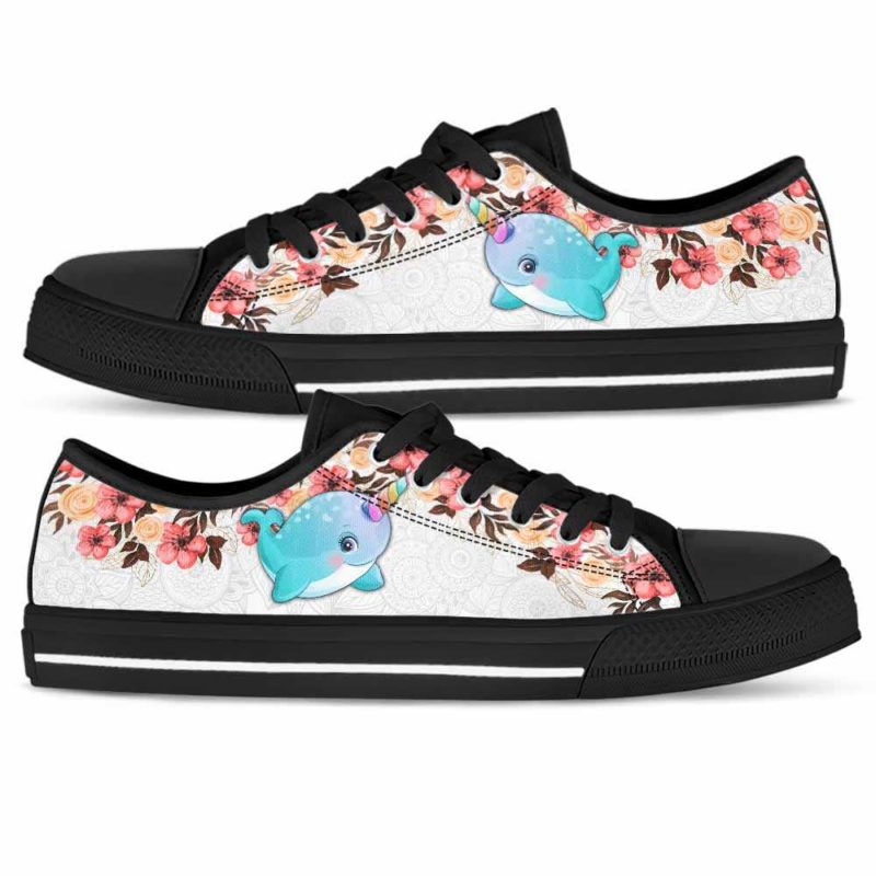 LTS-U-Ani-FlFl-Nwal-0 @ Narwhal Floral Flower-Narwhal Tennis Gym Shoes Low Top Shoes Sneakers For Women And Men. Flower Floral Custom Personalized Gift.