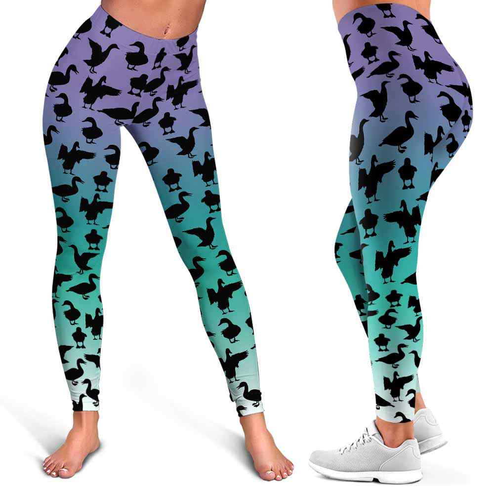 LEGG-W-Ani-DuckRetrGrd-Duck-1 @ Ducks Retro Color block Purple Blue Green Gradient-Duck Leggings For Women. Retro Color, Purple Blue Green Gradient Duck Leggings. Duck Women Leggings. Yoga Workout Custom Leggings Gift.