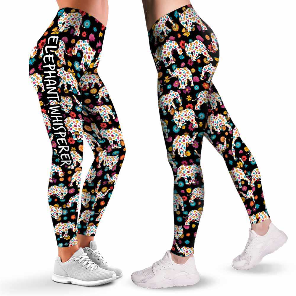 LEGG-W-Ani-ElepSilhColoFlwr-Elph-1 @ Elephants Silhouette Colorful Flower-Elephant Leggings For Women. Silhouette Colorful Flower Elephant Leggings. Elephant Women Leggings. Yoga Workout Custom Leggings Gift.