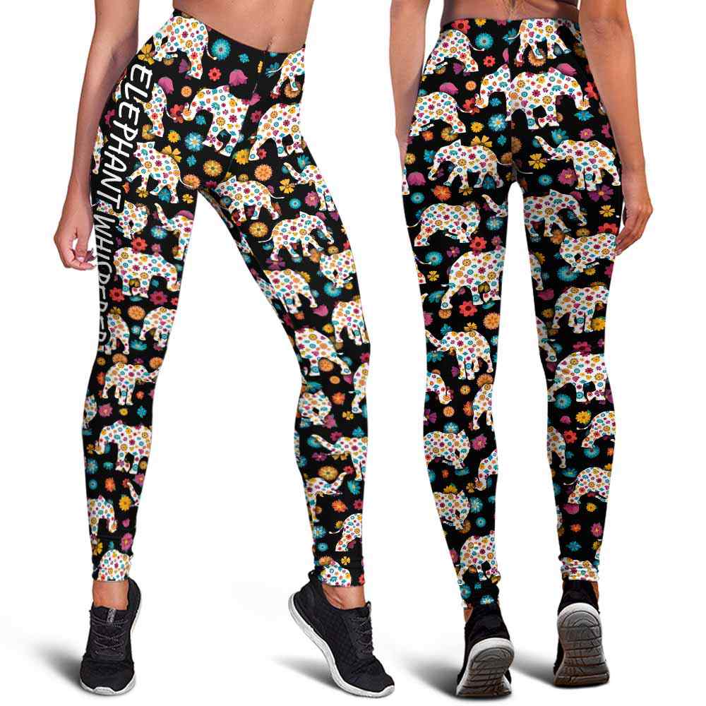 LEGG-W-Ani-ElepSilhColoFlwr-Elph-1 @ Elephants Silhouette Colorful Flower-Elephant Leggings For Women. Silhouette Colorful Flower Elephant Leggings. Elephant Women Leggings. Yoga Workout Custom Leggings Gift.