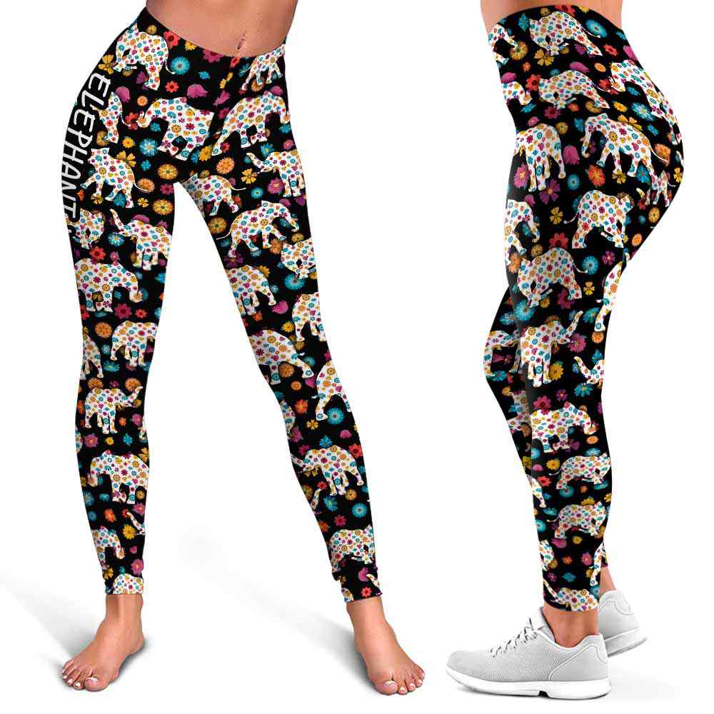 LEGG-W-Ani-ElepSilhColoFlwr-Elph-1 @ Elephants Silhouette Colorful Flower-Elephant Leggings For Women. Silhouette Colorful Flower Elephant Leggings. Elephant Women Leggings. Yoga Workout Custom Leggings Gift.