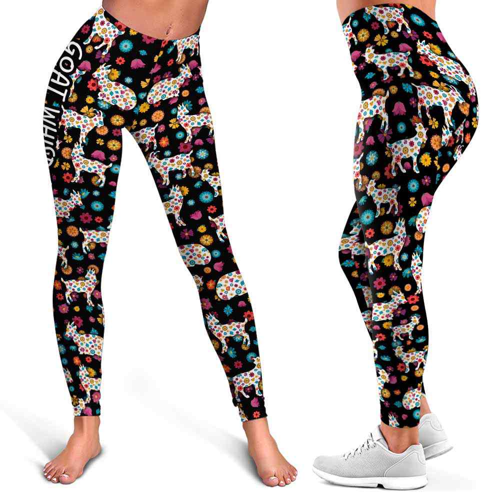 LEGG-W-Ani-GoatSilhColoFlwr-Goat-1 @ Goats Silhouette Colorful Flower-Goat Leggings For Women. Silhouette Colorful Flower Goat Printed Leggings. Goat Women Leggings. Yoga Workout Custom Leggings Gift.