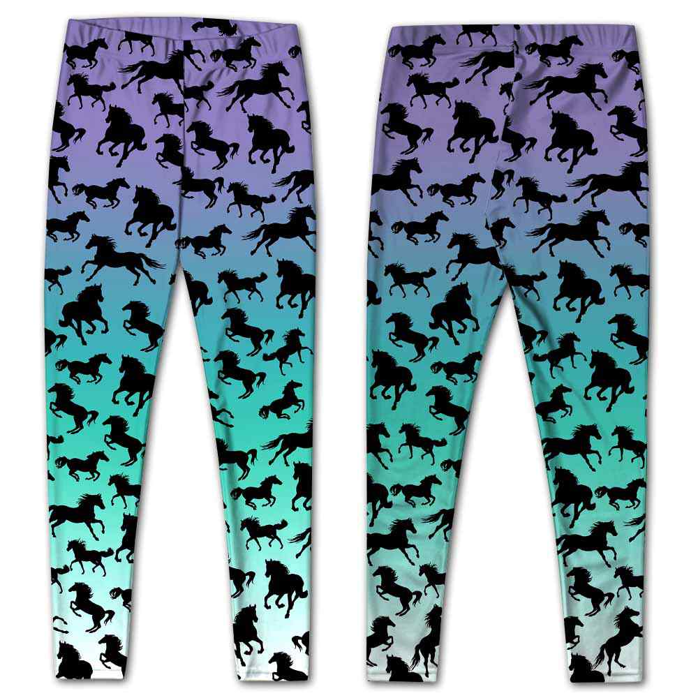 LEGG-W-Ani-HorsRetrGrd-Hrse-1 @ Horse Retro Color block Purple Blue Green Gradient-Horse Leggings For Women. Retro Color. Purple Blue Green Gradient Horse Leggings. Horse Women Leggings. Yoga Workout Custom Leggings Gift.