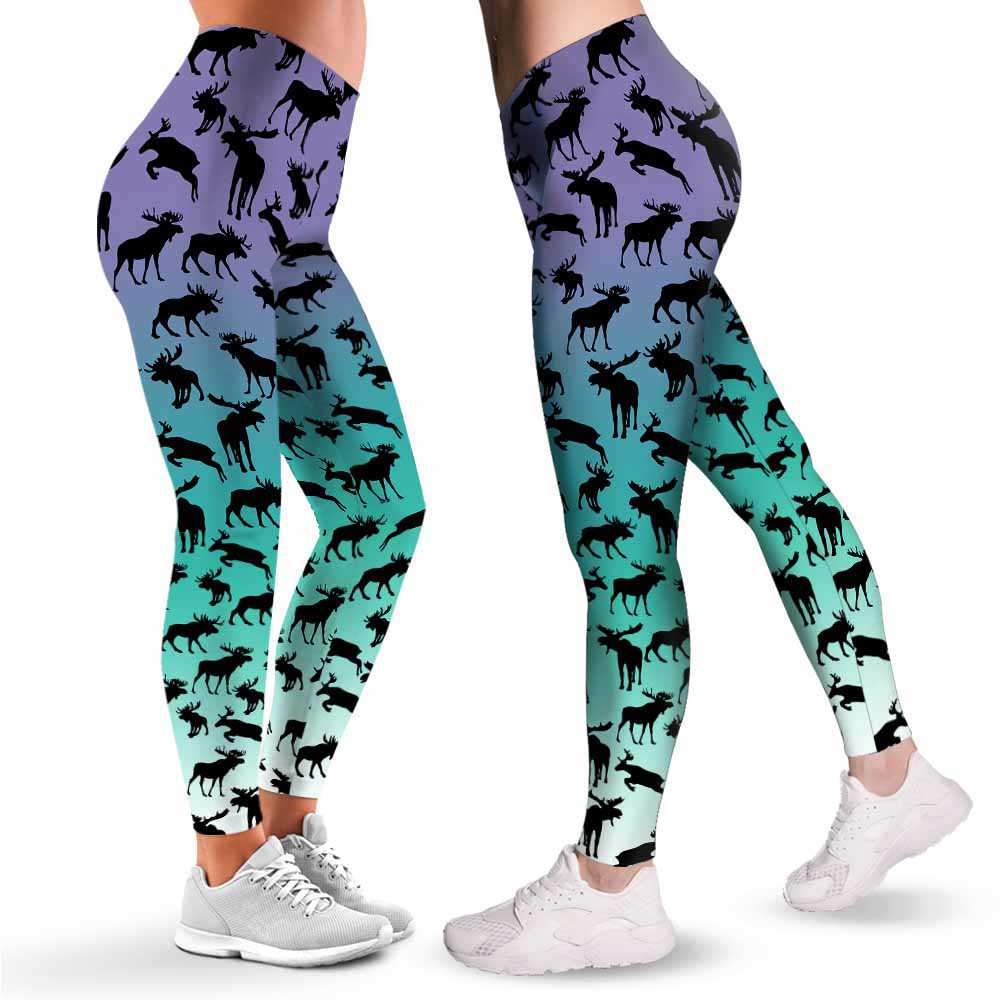LEGG-W-Ani-MoosRetrGrd-Mose-1 @ Mooses Retro Color block Purple Blue Green Gradient-Moose Leggings For Women. Retro Color. Purple Blue Green Gradient Moose Printed Leggings. Women Leggings. Yoga Workout Custom Leggings Gift.