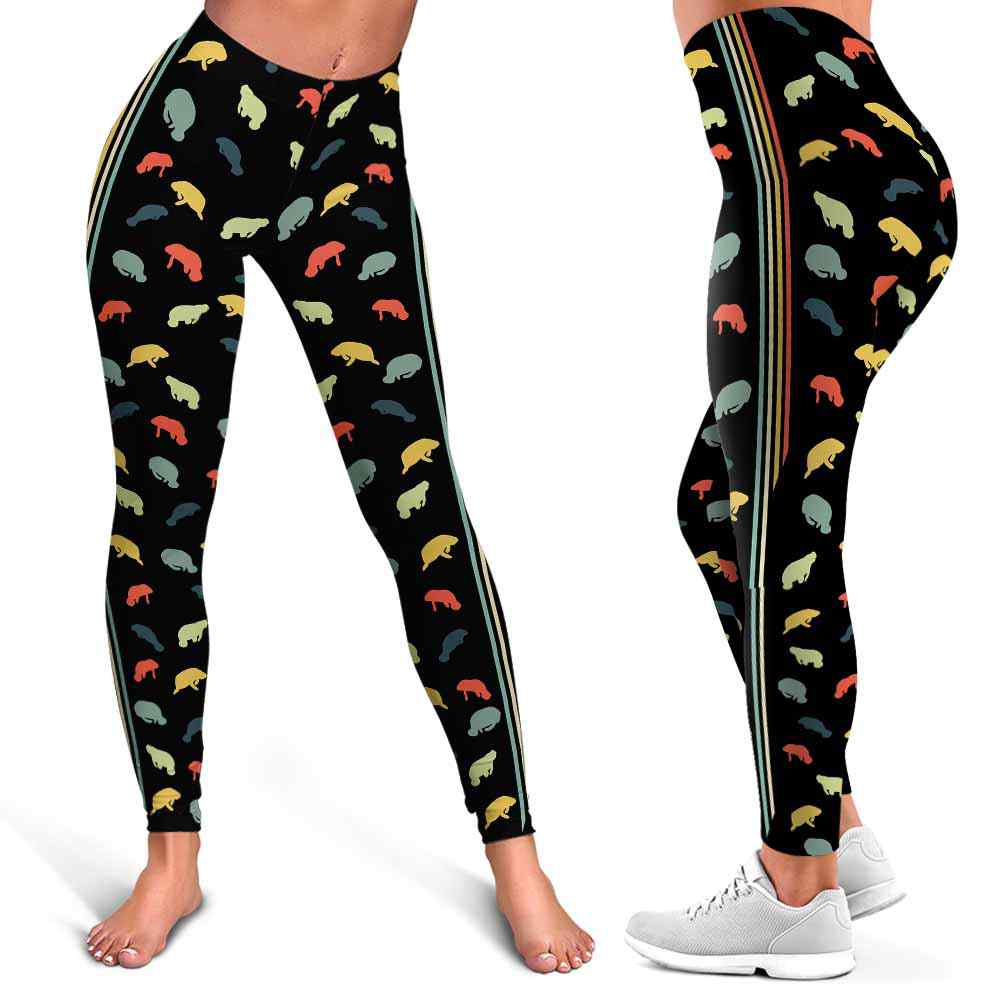 LEGG-W-Ani-RetrLineManaVint-Mnte-1 @ Retro Line Manatee Vintage-Manatee Leggings For Women. Retro Line Vintage Manatee Pattern Printed Leggings. Women Leggings. Yoga Workout Custom Leggings Gift.