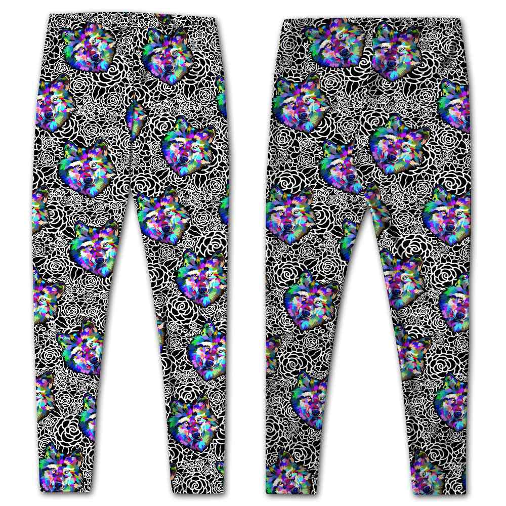 LEGG-W-Ani-WateWolfFlwr-Wolf-0 @ Watercolor Wolf Flower Pattern-Wolves Leggings For Women. Watercolor Wolf Flower Pattern Wolves Printed Leggings. Women Leggings. Yoga Workout Custom Leggings Gift.
