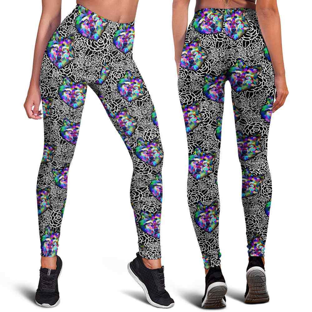LEGG-W-Ani-WateWolfFlwr-Wolf-0 @ Watercolor Wolf Flower Pattern-Wolves Leggings For Women. Watercolor Wolf Flower Pattern Wolves Printed Leggings. Women Leggings. Yoga Workout Custom Leggings Gift.