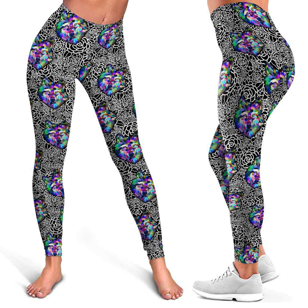 LEGG-W-Ani-WateWolfFlwr-Wolf-0 @ Watercolor Wolf Flower Pattern-Wolves Leggings For Women. Watercolor Wolf Flower Pattern Wolves Printed Leggings. Women Leggings. Yoga Workout Custom Leggings Gift.