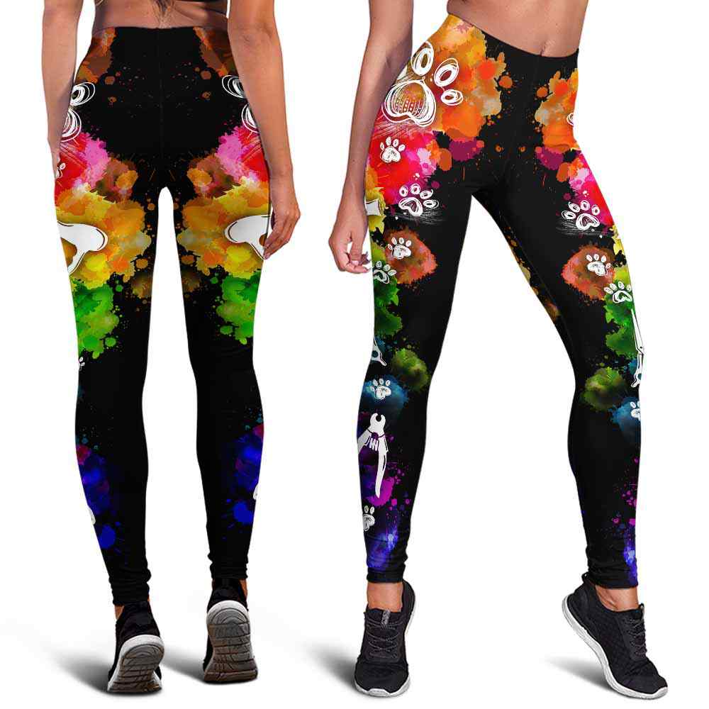 LEGG-W-Dog-DogPawGrooToolWate-Dog-0 @ Dog Paw Print Groomer Tools Watercolor-Dog Lovers Dog Paw Groomer Tools Watercolor Leggings For Women. Workout Yoga Pattern Printed Women Leggings. Dog Mom Custom Gift.