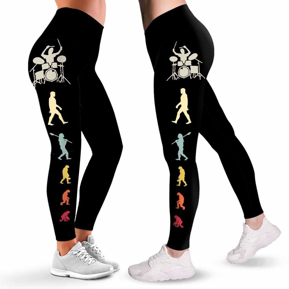 LEGG-W-Hobb-DrumEvolOfMan-Drum-0 @ Retro Vintage Drummer Evolution Of Man-Drummer Drum Leggings For Women. Retro Vintage Evolution Of Man Pattern Printed Women Leggings. Yoga Workout Custom Personalized Gift.