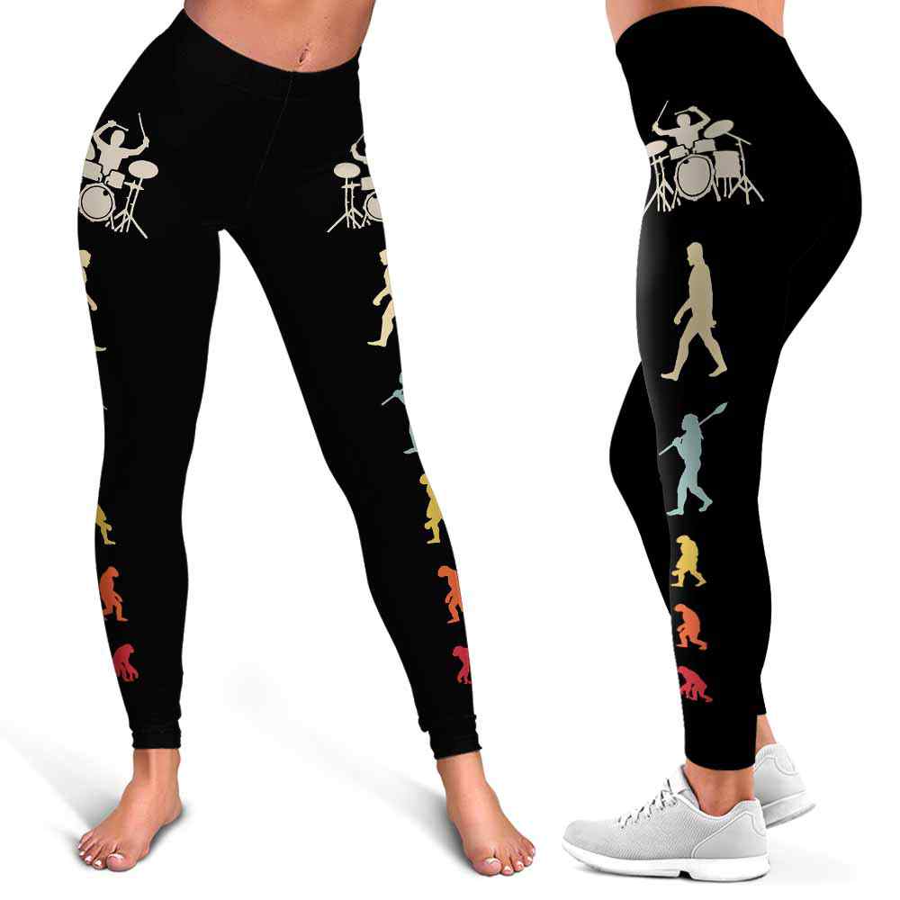 LEGG-W-Hobb-DrumEvolOfMan-Drum-0 @ Retro Vintage Drummer Evolution Of Man-Drummer Drum Leggings For Women. Retro Vintage Evolution Of Man Pattern Printed Women Leggings. Yoga Workout Custom Personalized Gift.