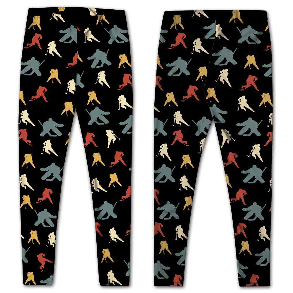 LEGG-W-Hobb-IceHockVint-Hkey-1 @ Retro Ice Hockey Vintage 60's 70's-Hockey Ice Hockey Leggings For Women. Retro Ice Hockey Vintage Pattern Printed Women Leggings. Yoga Workout Custom Personalized Gift.